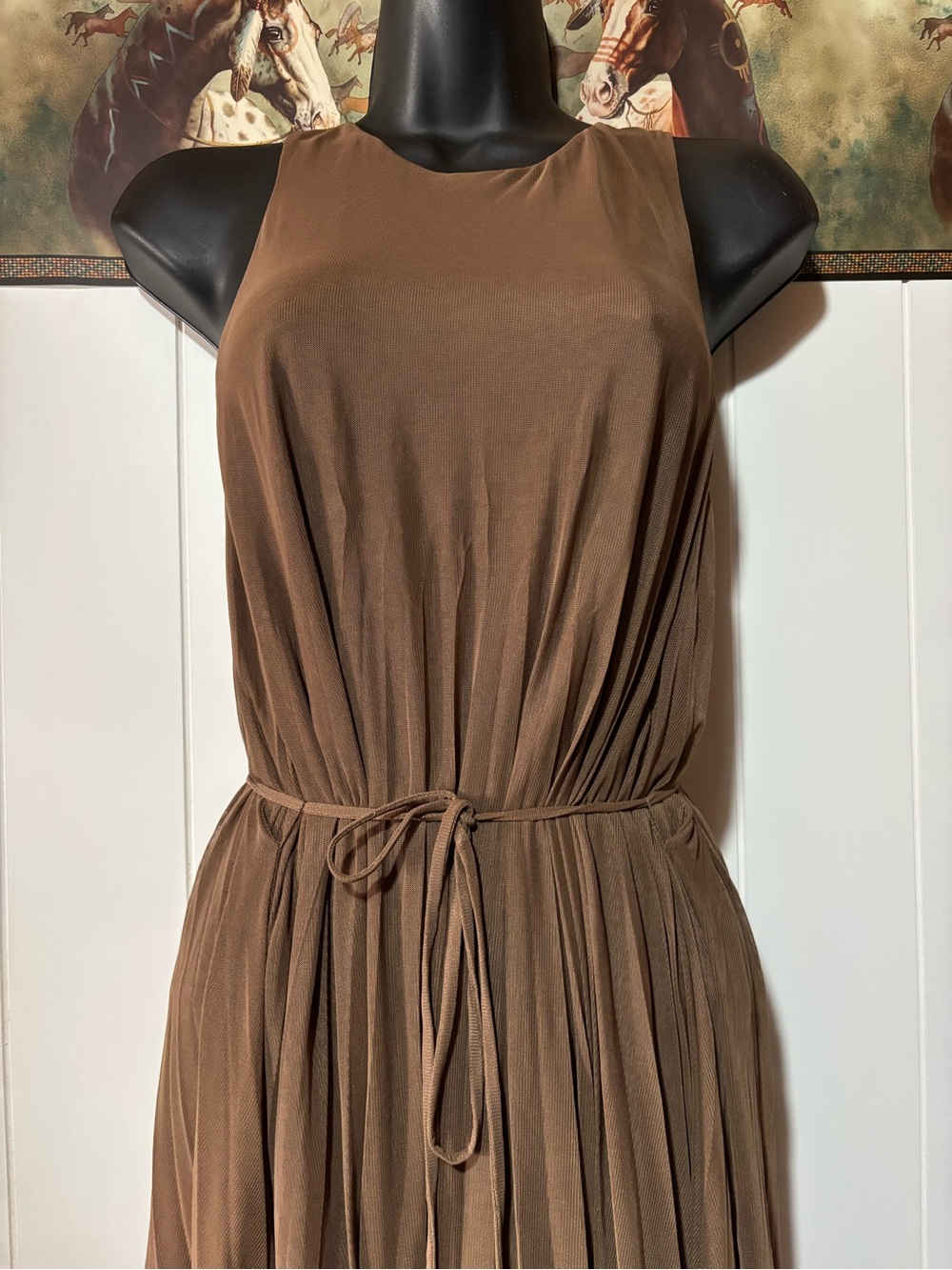 Vince Brown Sleeveless Pleated Maxi Dress with Waist Tie